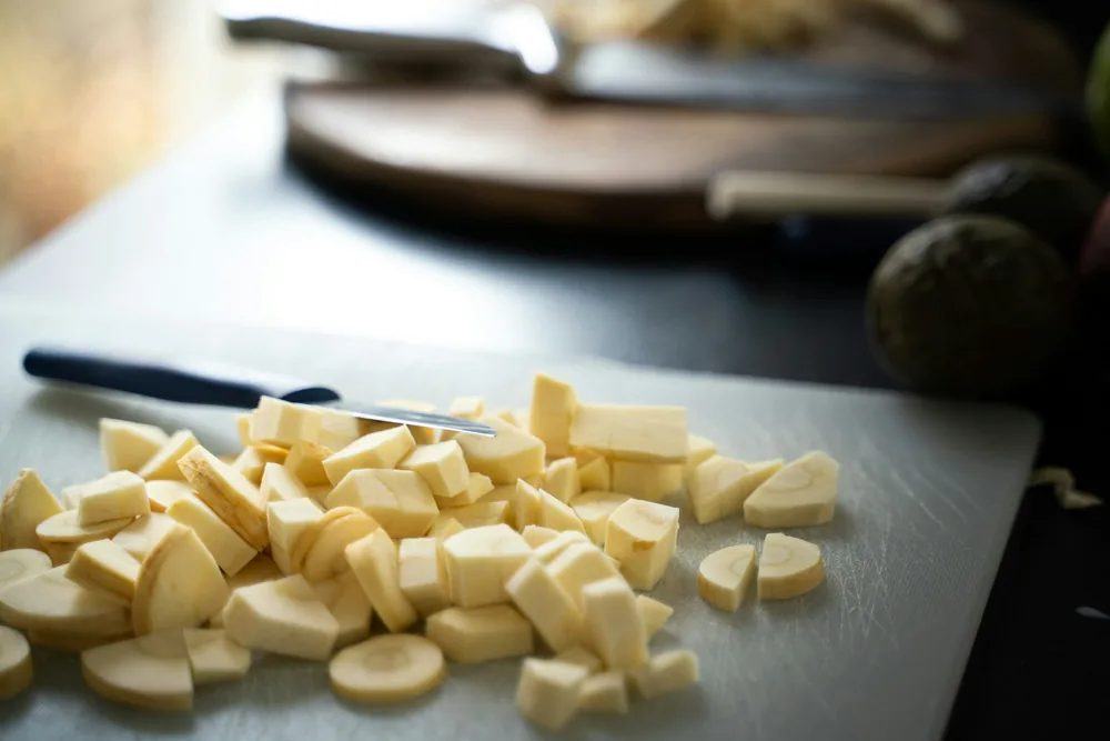 Cubes of fresh tofu on a board