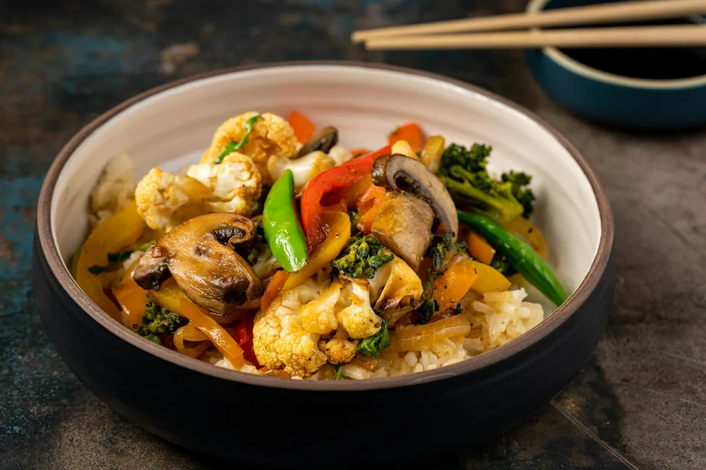 A plain vegetable stir fry served in a bowl