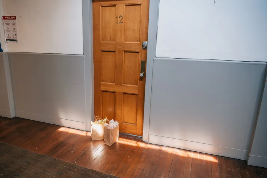 A delivery bag left at a door