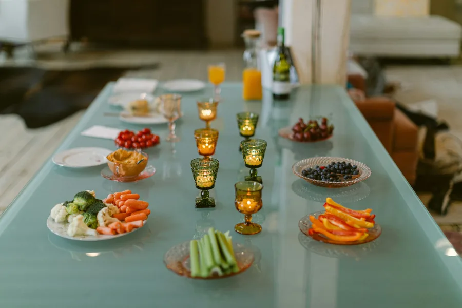 A meal laid out across a long table