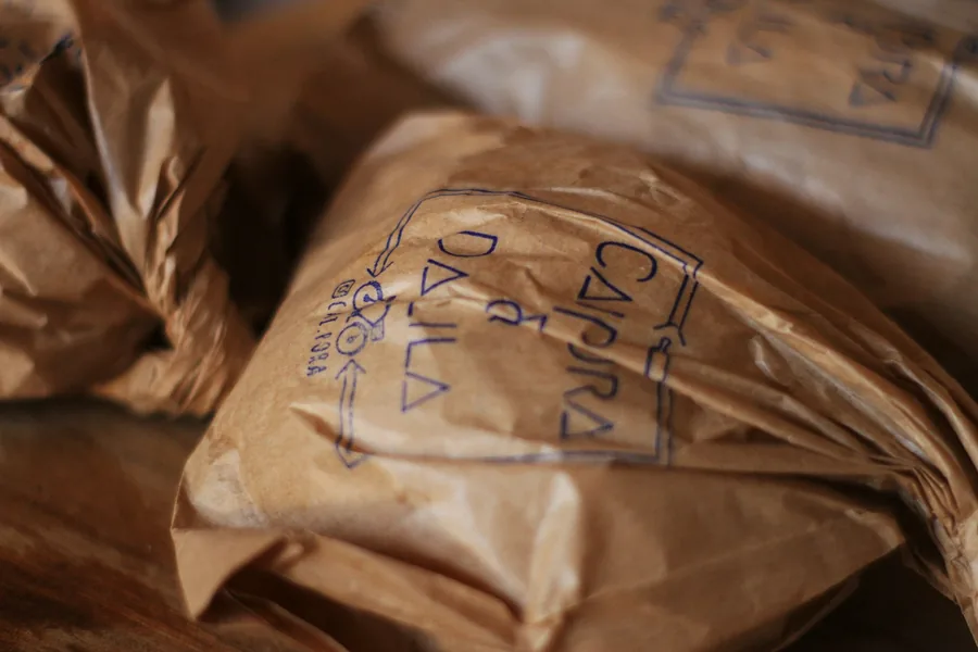 A brown paper bag of food
