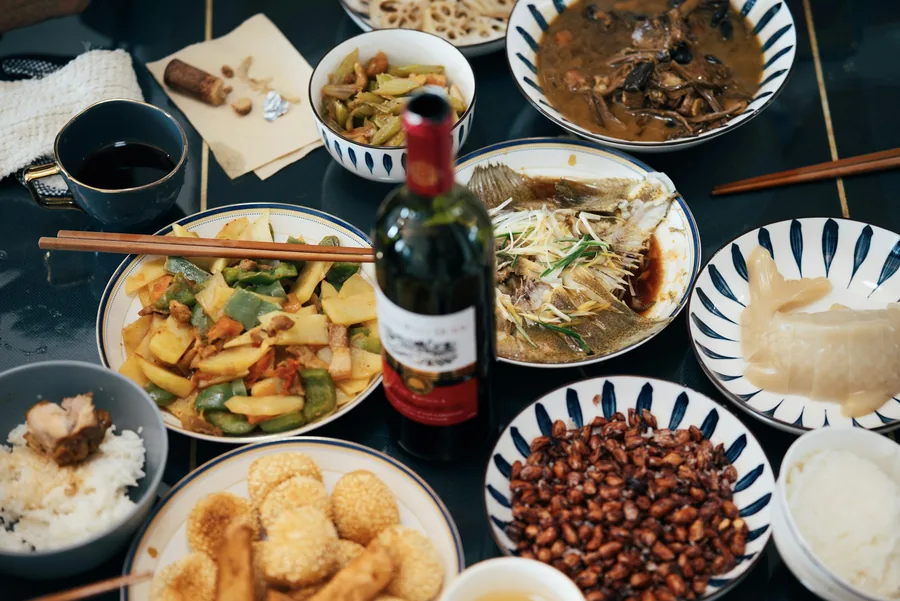 A Chinese meal laid out ready to eat