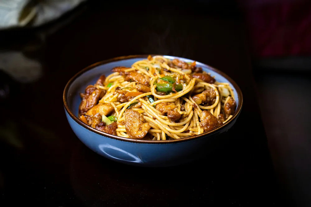 Chow mein noodles served in a bowl