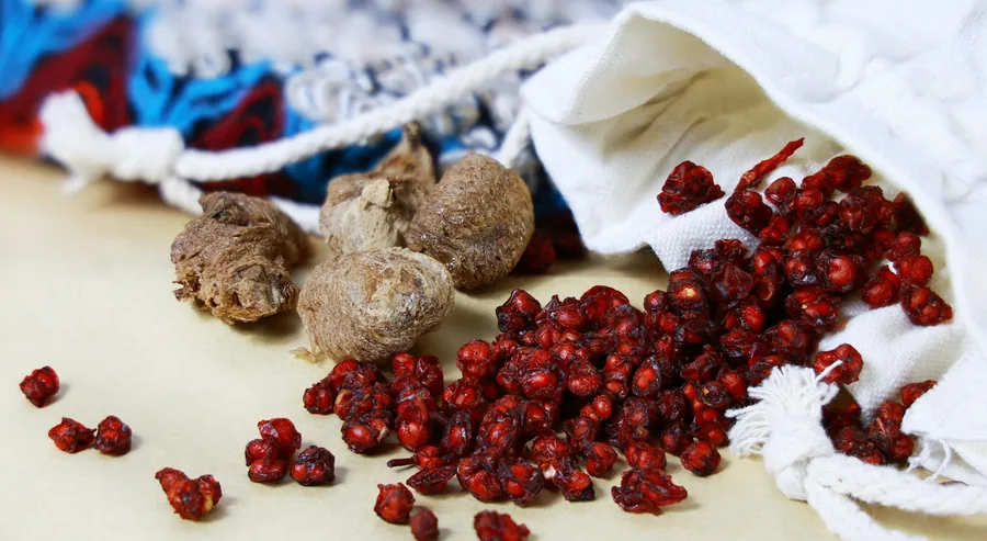 Dried peppercorns and spices used in Chinese cooking