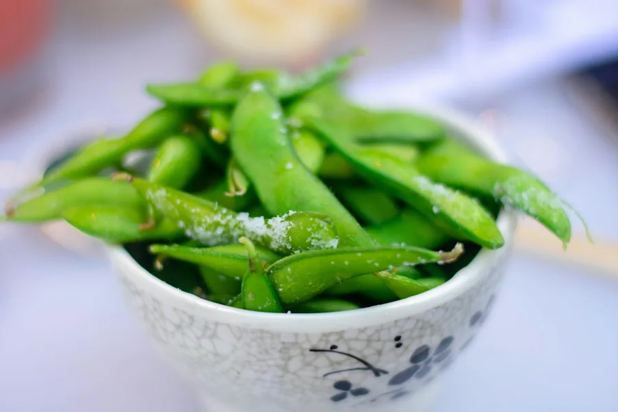 A bowl of salted edamame