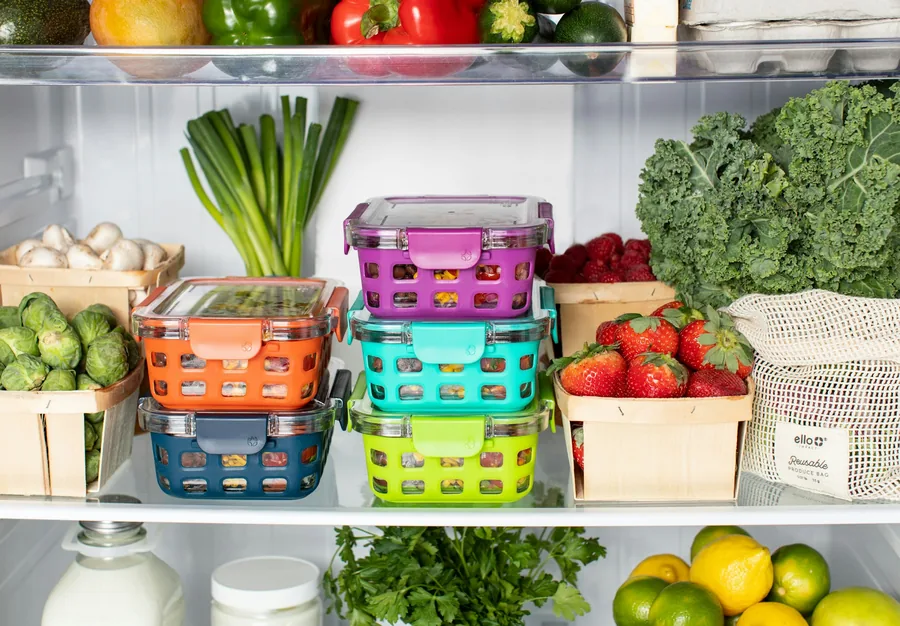 Food stored in containers in a refrigerator