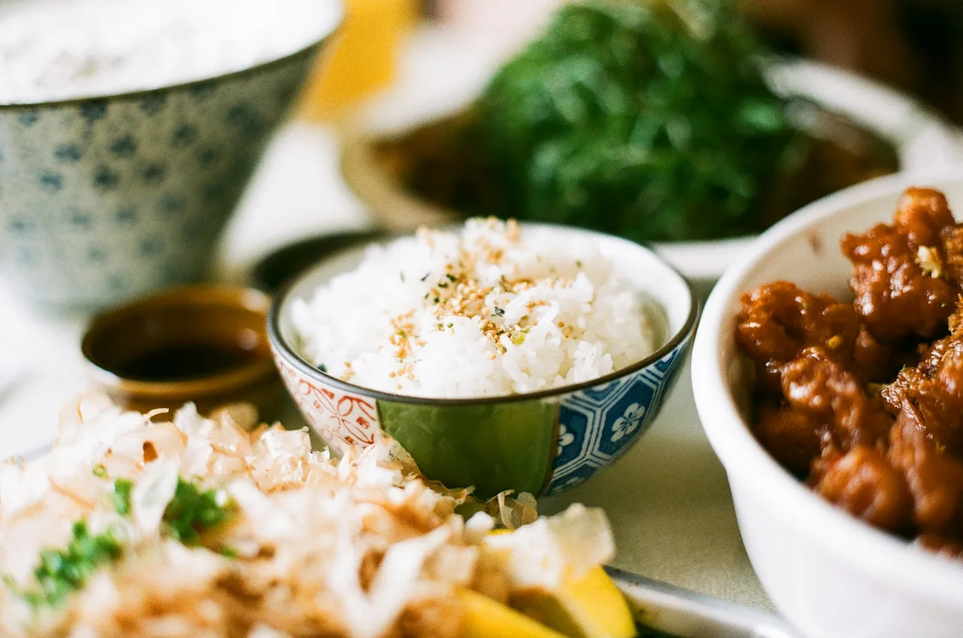 White rice and fried rice served side by side