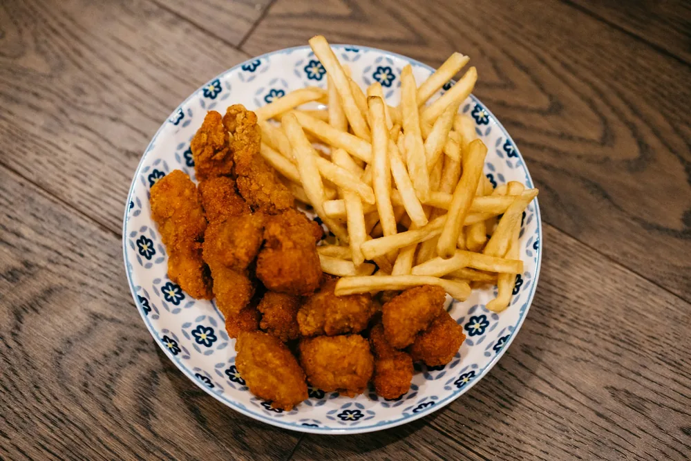 Battered and fried pork pieces on a plate