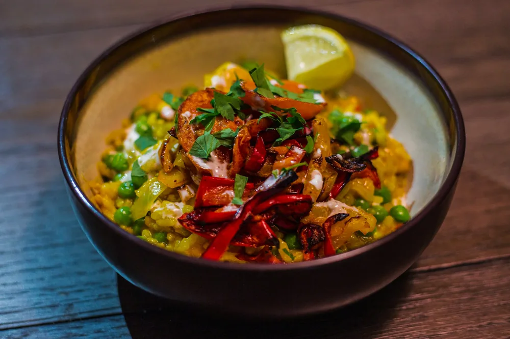 Chicken fried rice served in a bowl