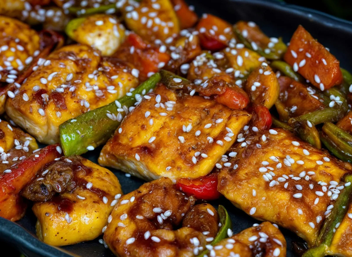 Stir fried vegetables and peppers with sesame seeds