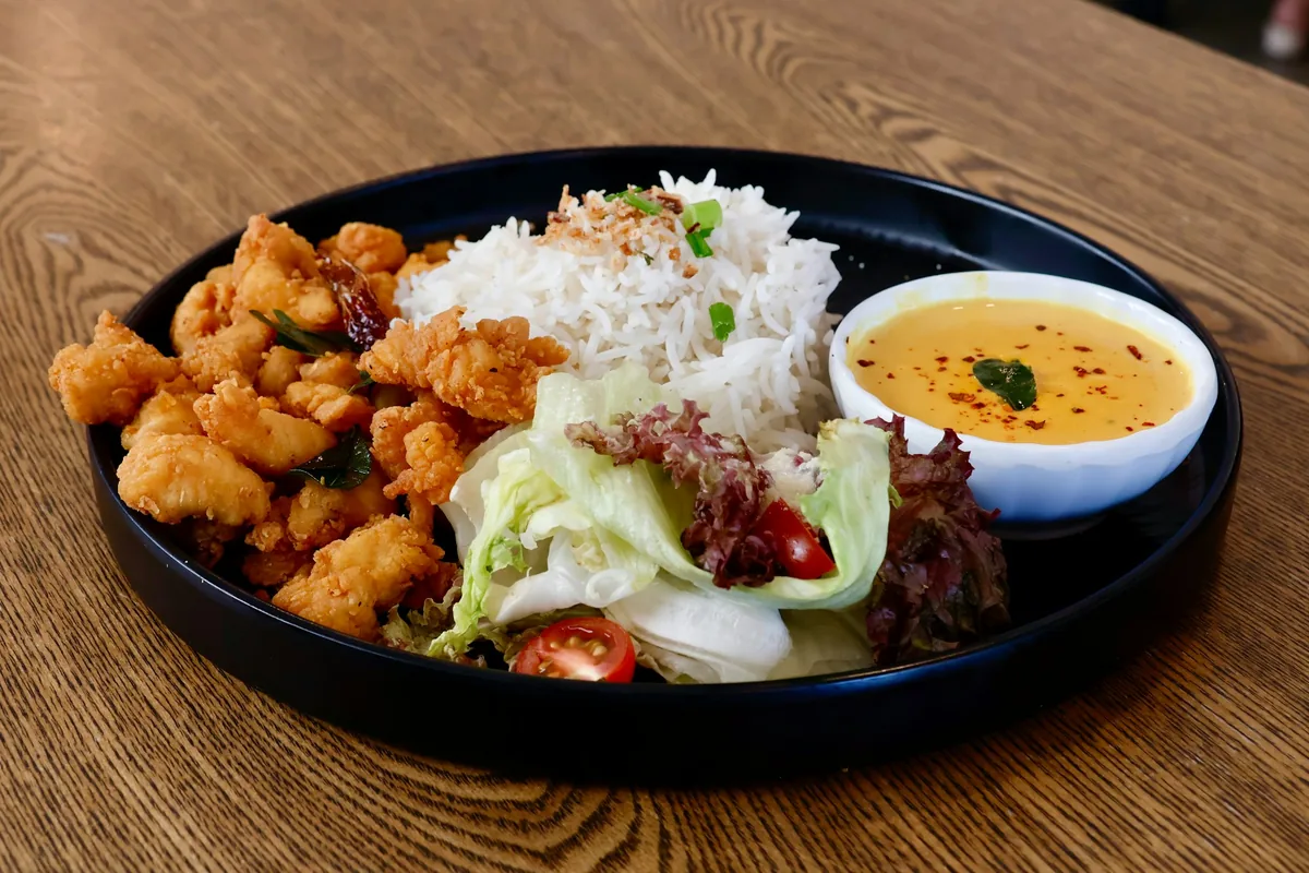 Honey walnut shrimp served with rice